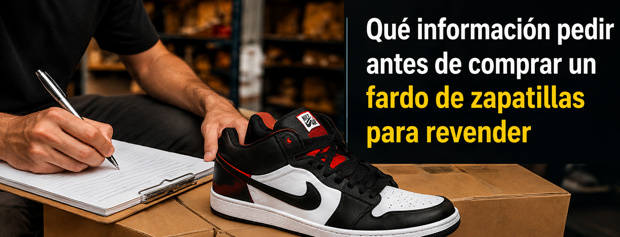 Persona revisando información antes de comprar un fardo de zapatillas para revender